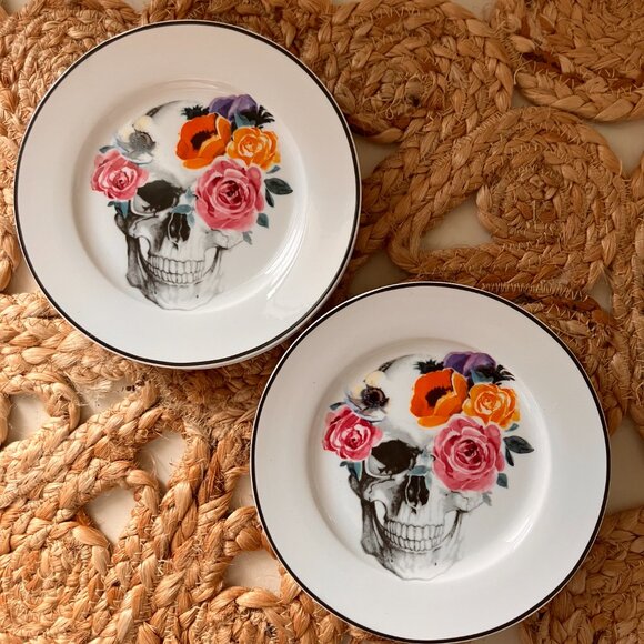 Ciroa Floral Skull Flowers 'Wicked' Series - Set of 4 Dessert Plates - Rare - Picture 7 of 8